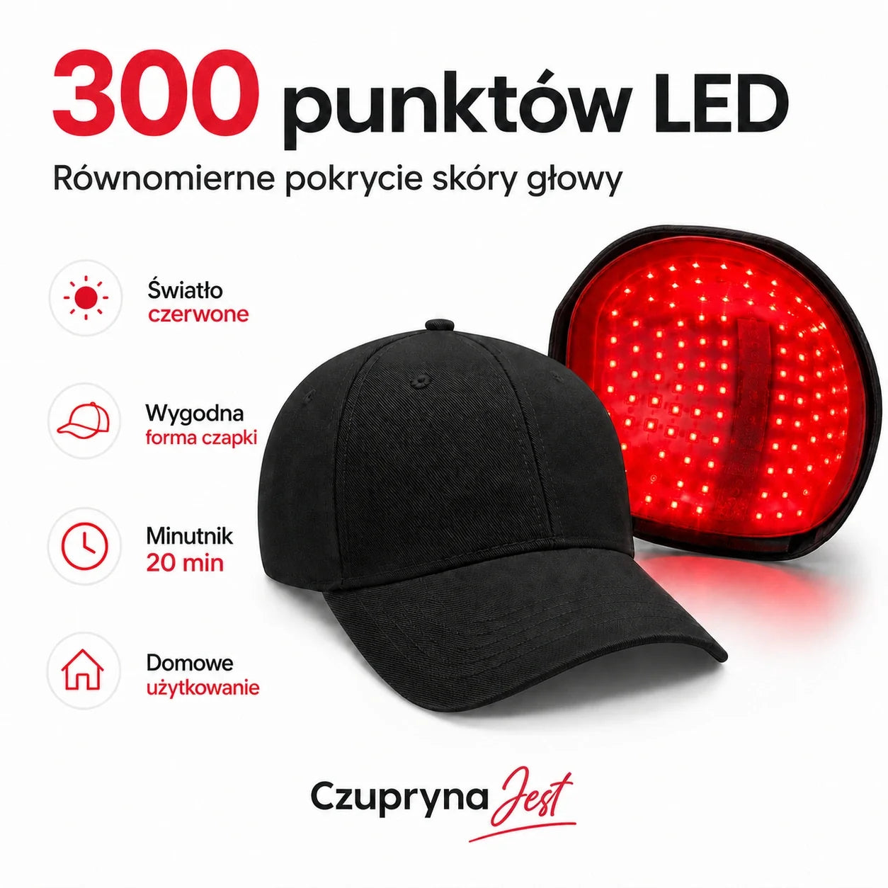 Czapka LED – 300 punktów LED i minutnik 20 minut