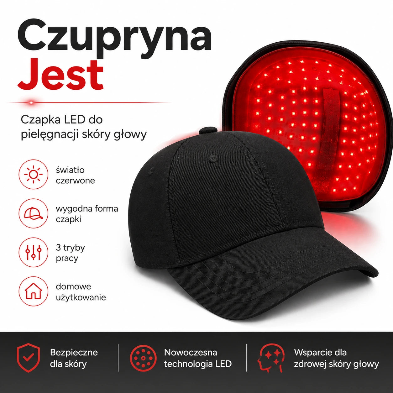 Czupryna Jest ™ Czapka LED z czerwonym światłem do pielęgnacji skóry głowy